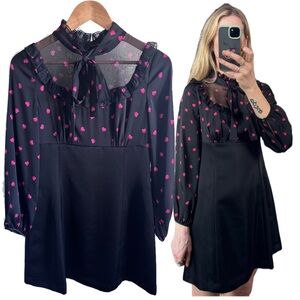 PORTS Silk Black Red Heart Pattern Long Sleeve Ruffle Bow Tie Mini Dress